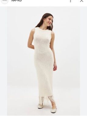 Sleeveless Cream Knit Maxi Dress with Fringe Hem